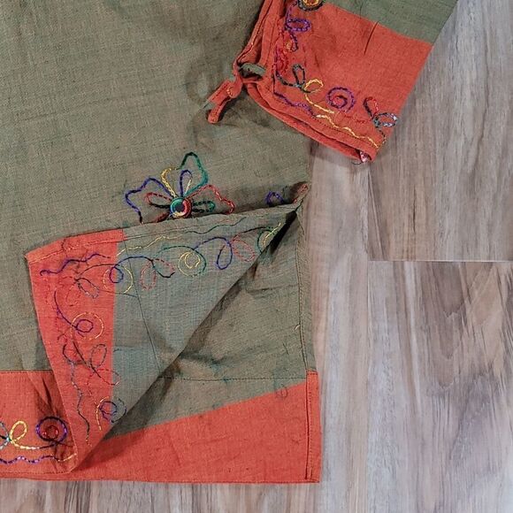 🔹️Orange & Olive Multicolor Embroider Print & Tie Sleeve Kurta/Swim Coverup - Picture 8 of 10
